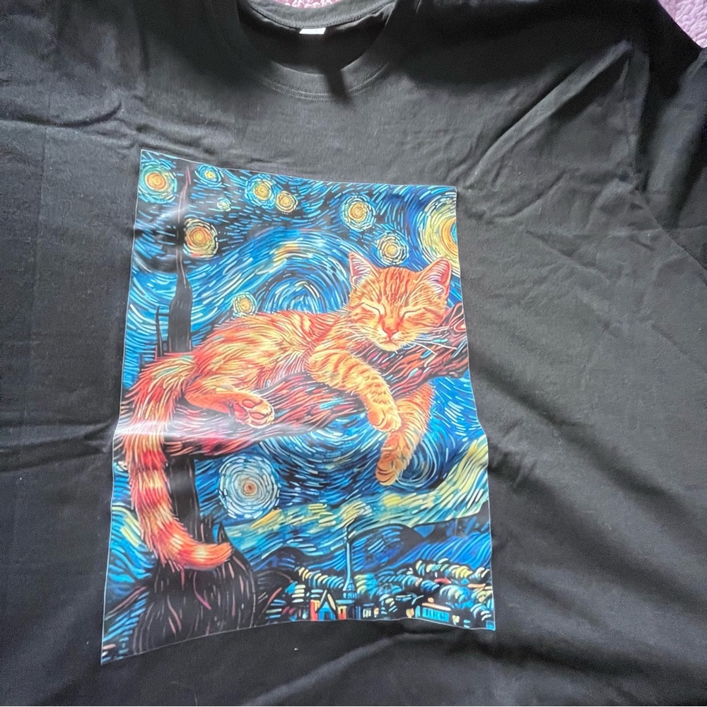 3X Black Cat Graphic Tee with Orange Tabby Starry Night Design